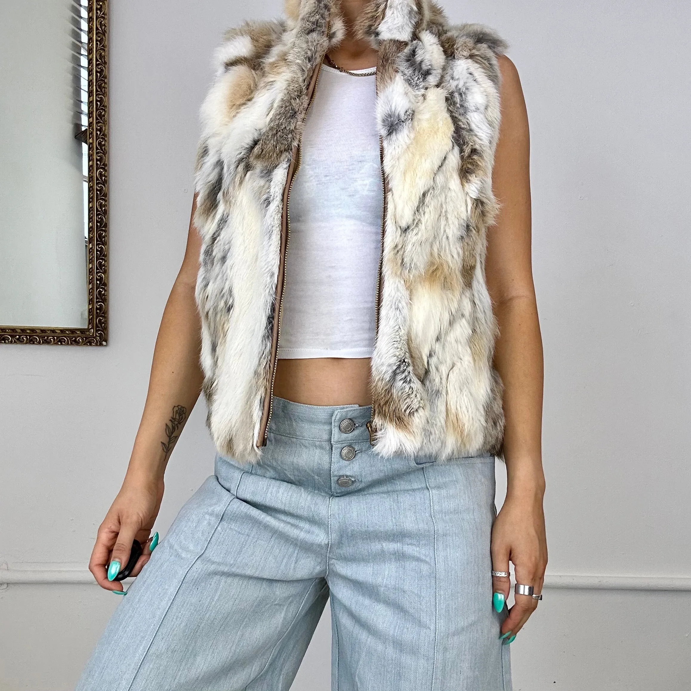 vintage fur zip up gilet