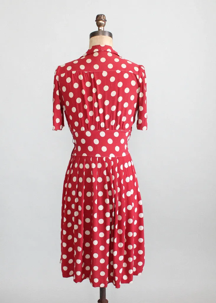 Vintage Late 1930s Red Rayon Polka Dot Swing Dress