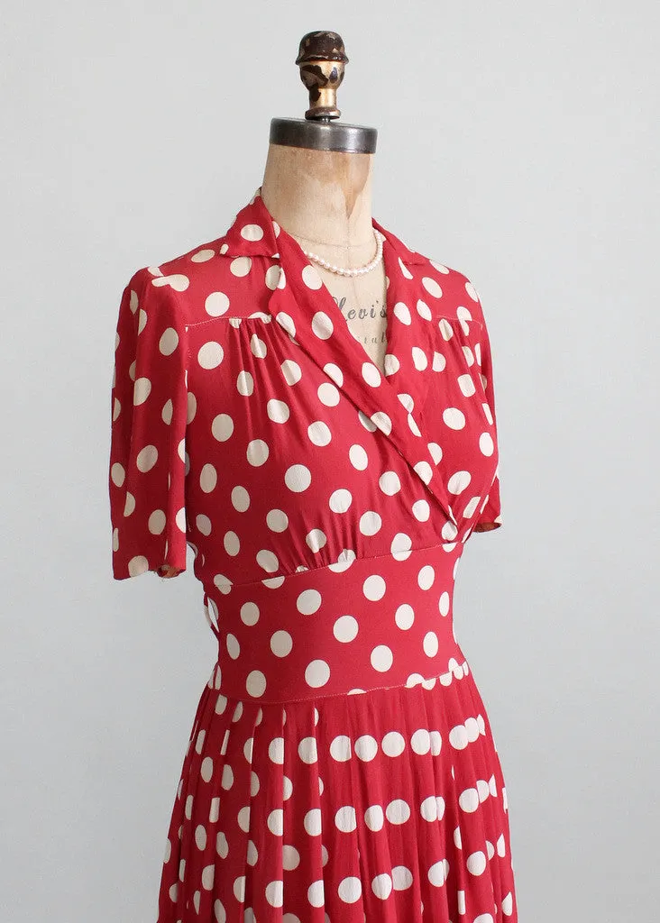 Vintage Late 1930s Red Rayon Polka Dot Swing Dress