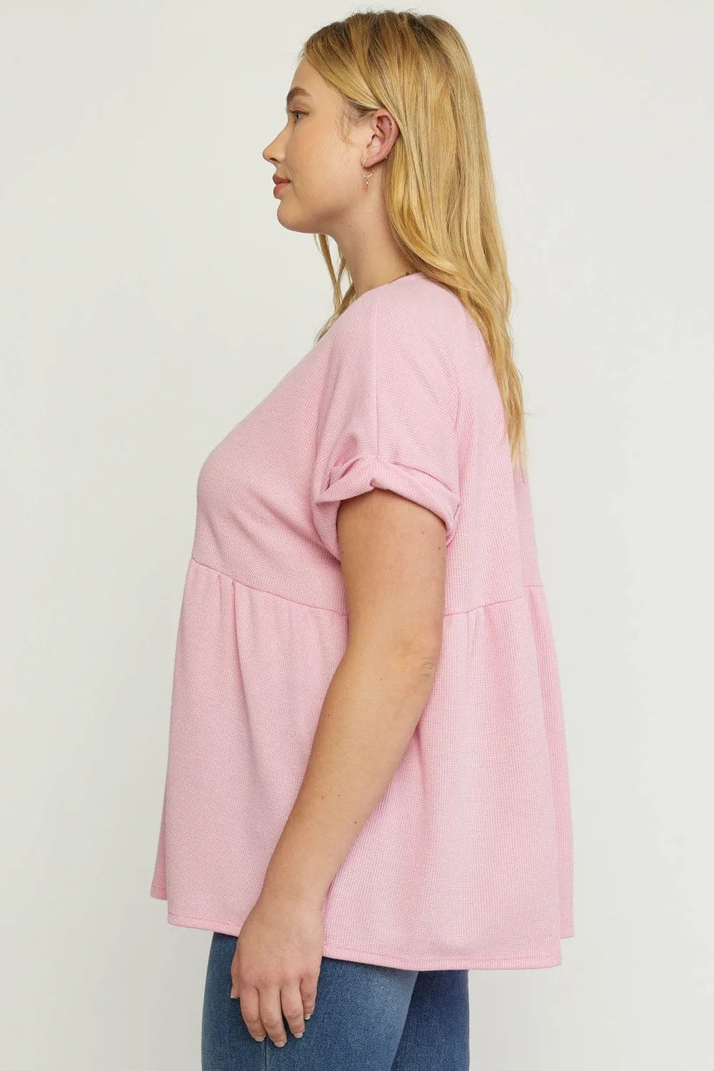 Waffle Knit Babydoll Top, Pink