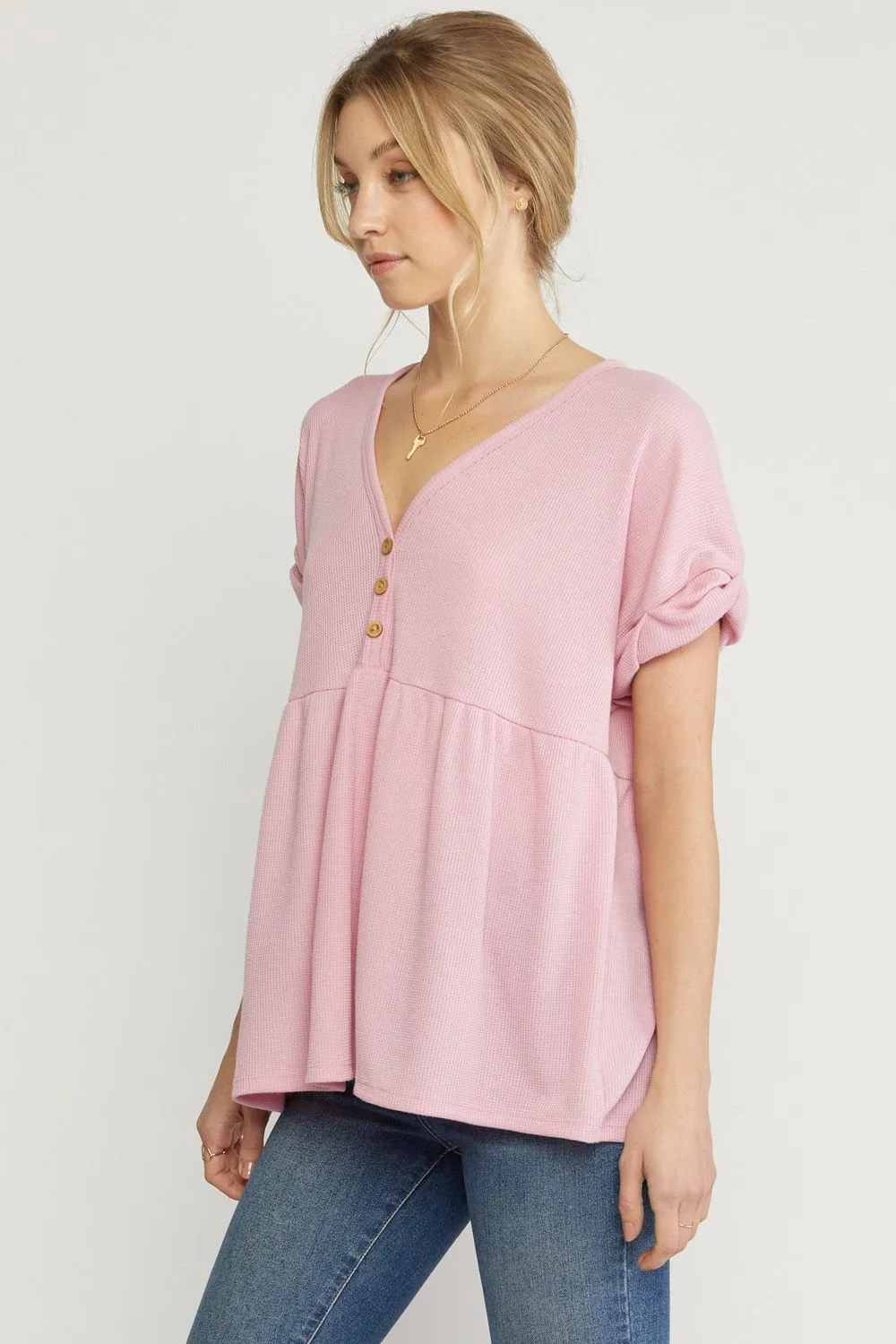 Waffle Knit Babydoll Top, Pink