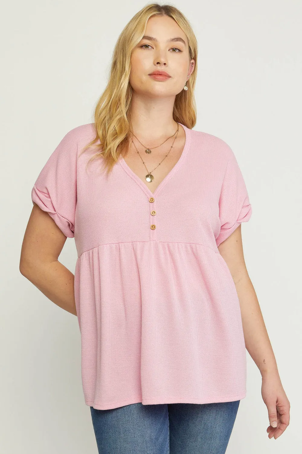 Waffle Knit Babydoll Top, Pink