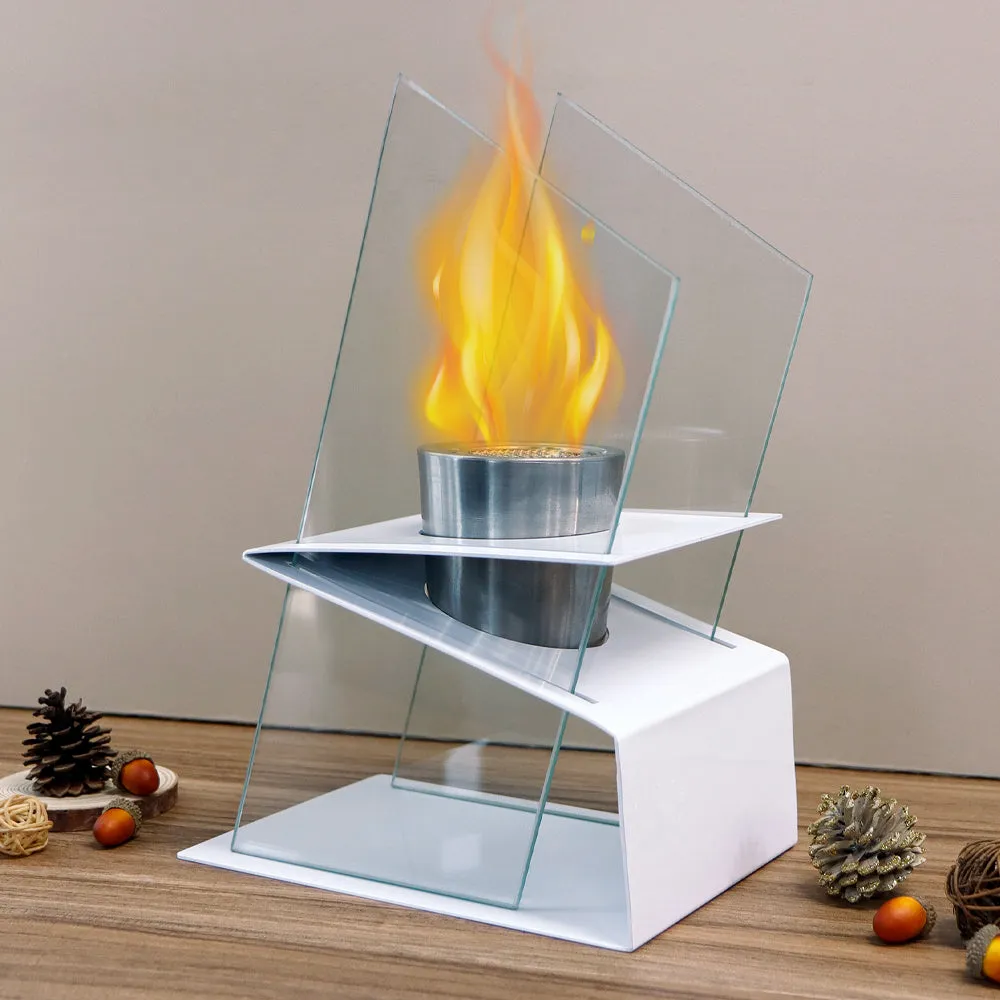 White Tabletop Fireplace 13.8" High Iron Folding Base Decorative Ethanol Fire Pit