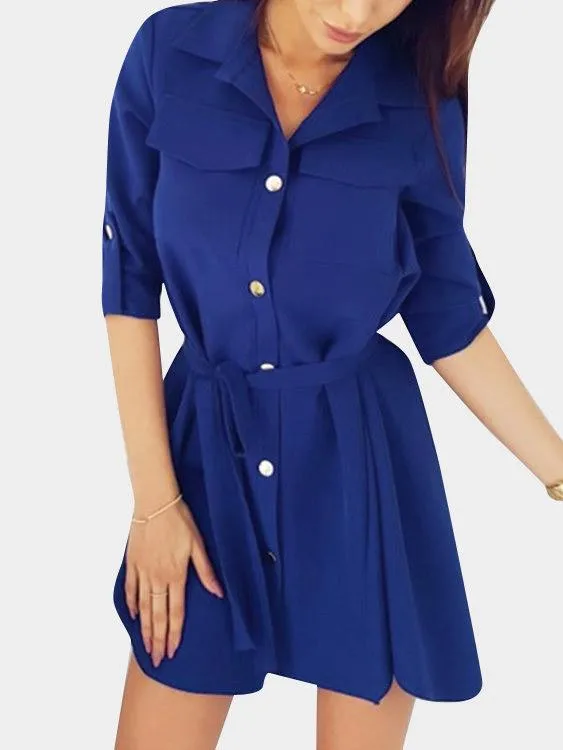 Wholesale Classic Collar Plain Lace-Up Long Sleeve Curved Hem Blue Shirt Dresses