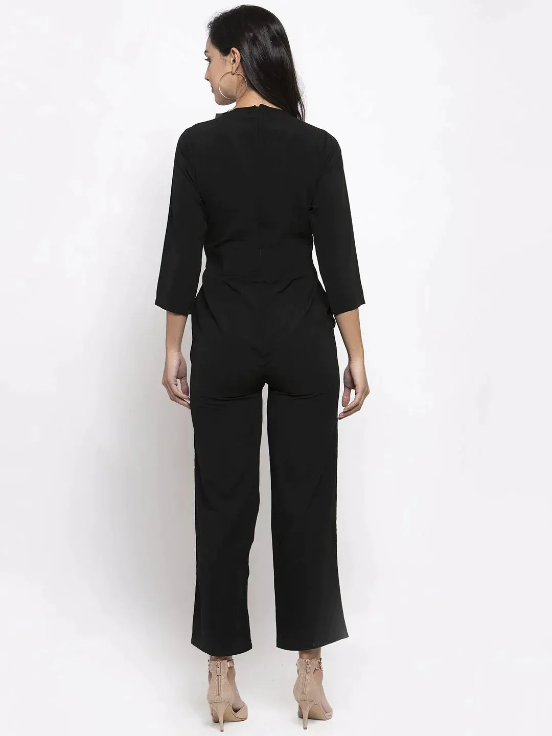 Women Black Solid Jumpsuit With Sequence On Neck