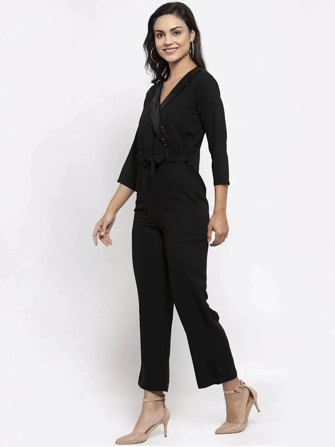 Women Black Solid Jumpsuit With Sequence On Neck