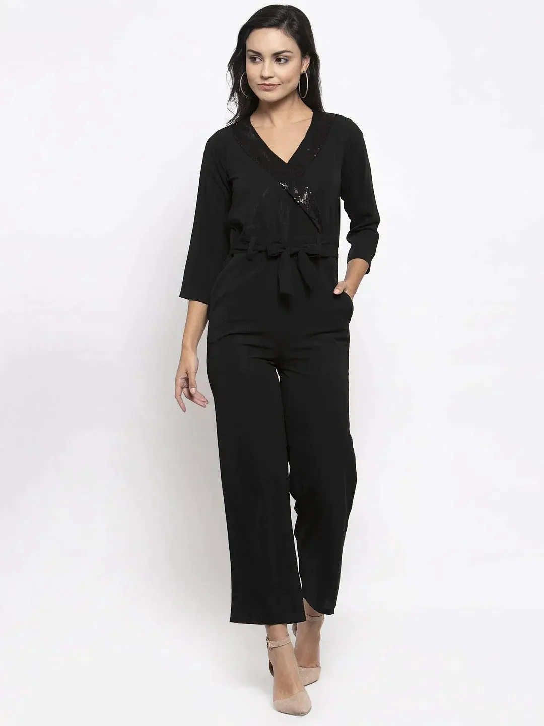 Women Black Solid Jumpsuit With Sequence On Neck