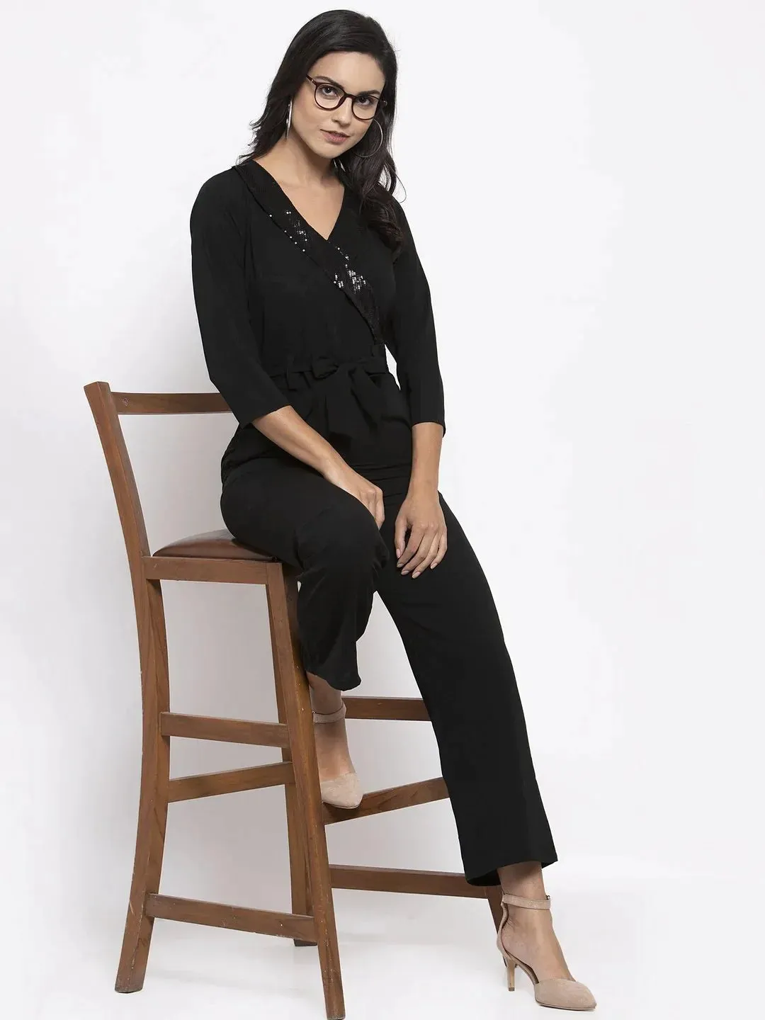 Women Black Solid Jumpsuit With Sequence On Neck