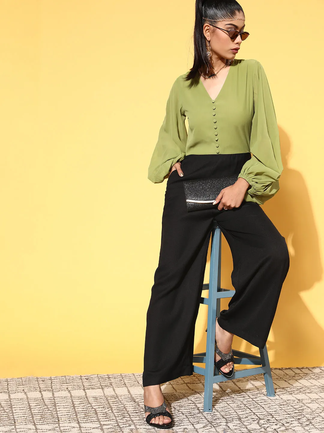 Women Green & Black Volume Sleeve Jumpsuit