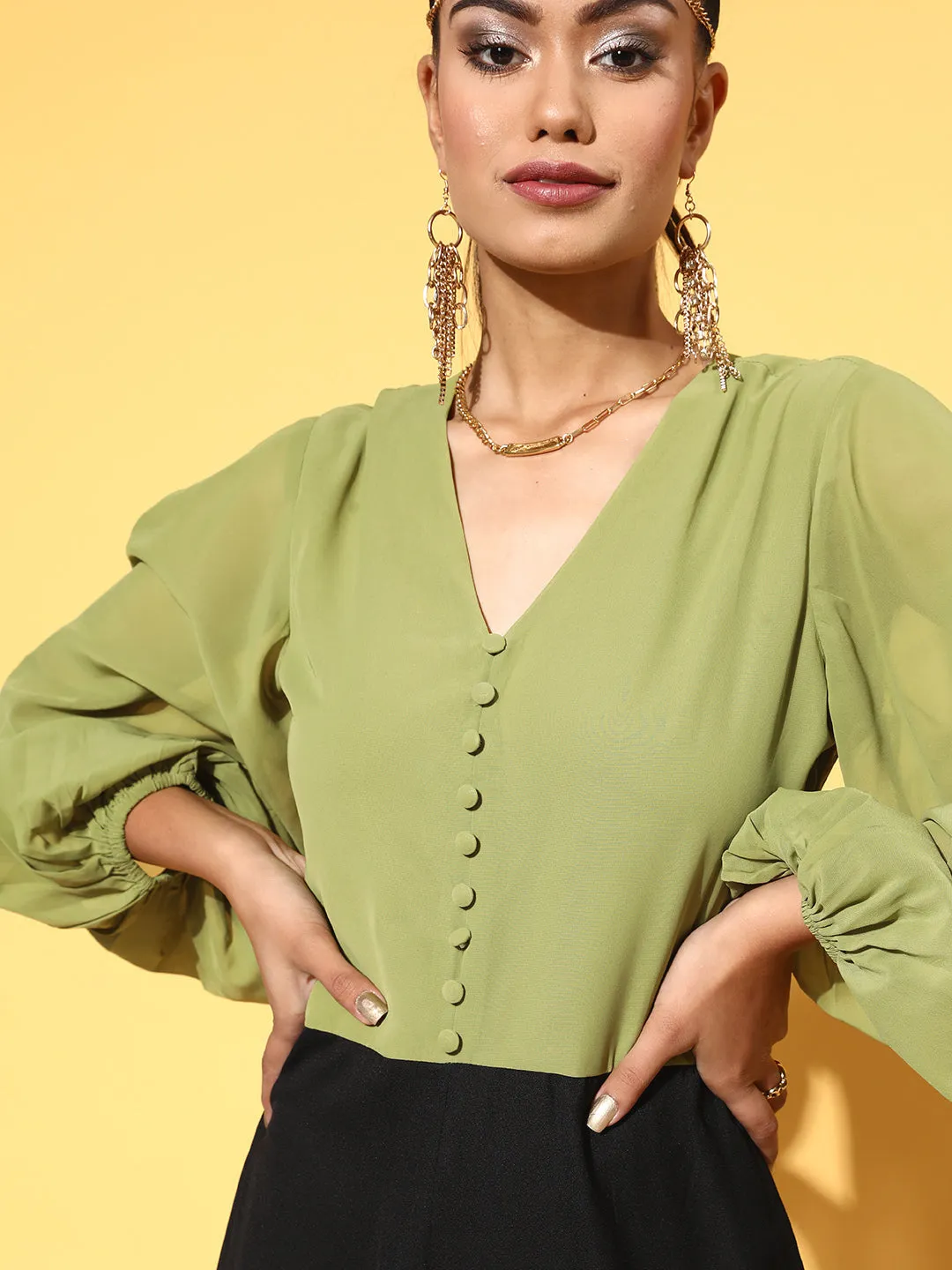 Women Green & Black Volume Sleeve Jumpsuit