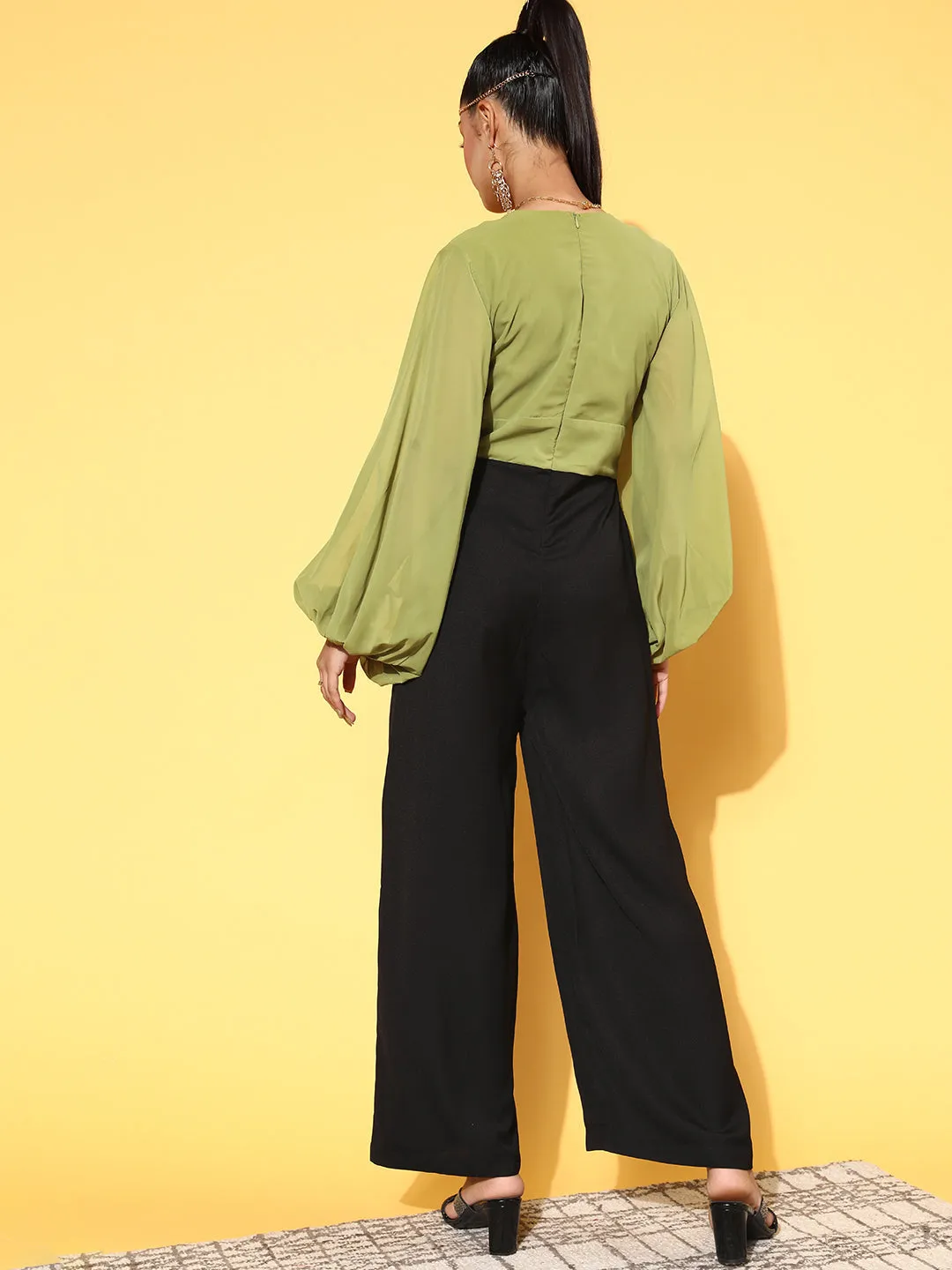 Women Green & Black Volume Sleeve Jumpsuit