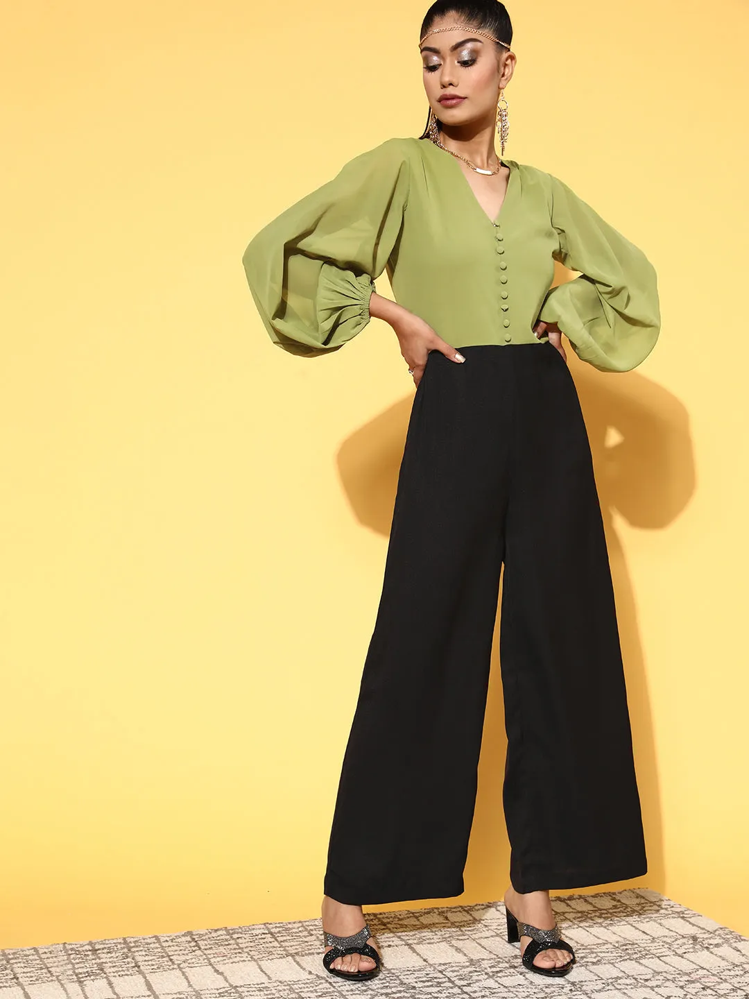 Women Green & Black Volume Sleeve Jumpsuit