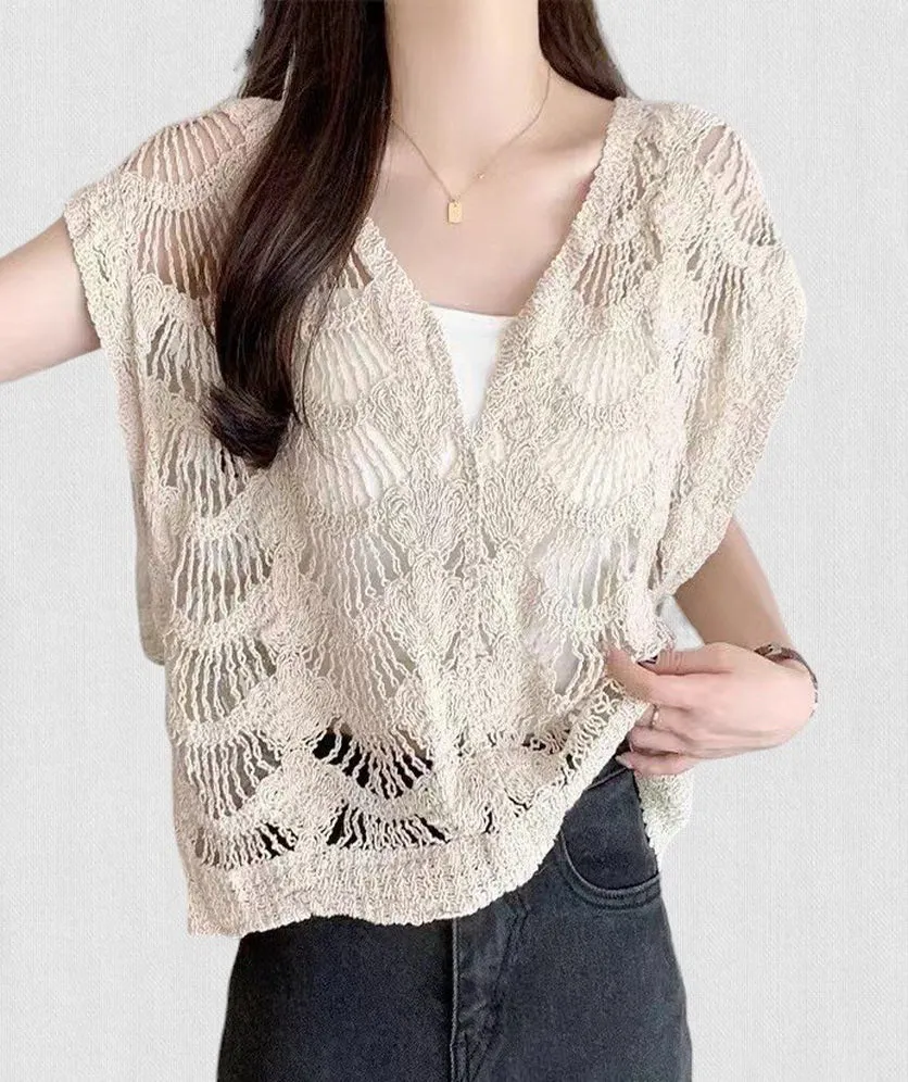 Women's Crochet Tops Laced V Neck Pullover Boho Sleeveless Cover Up for Women