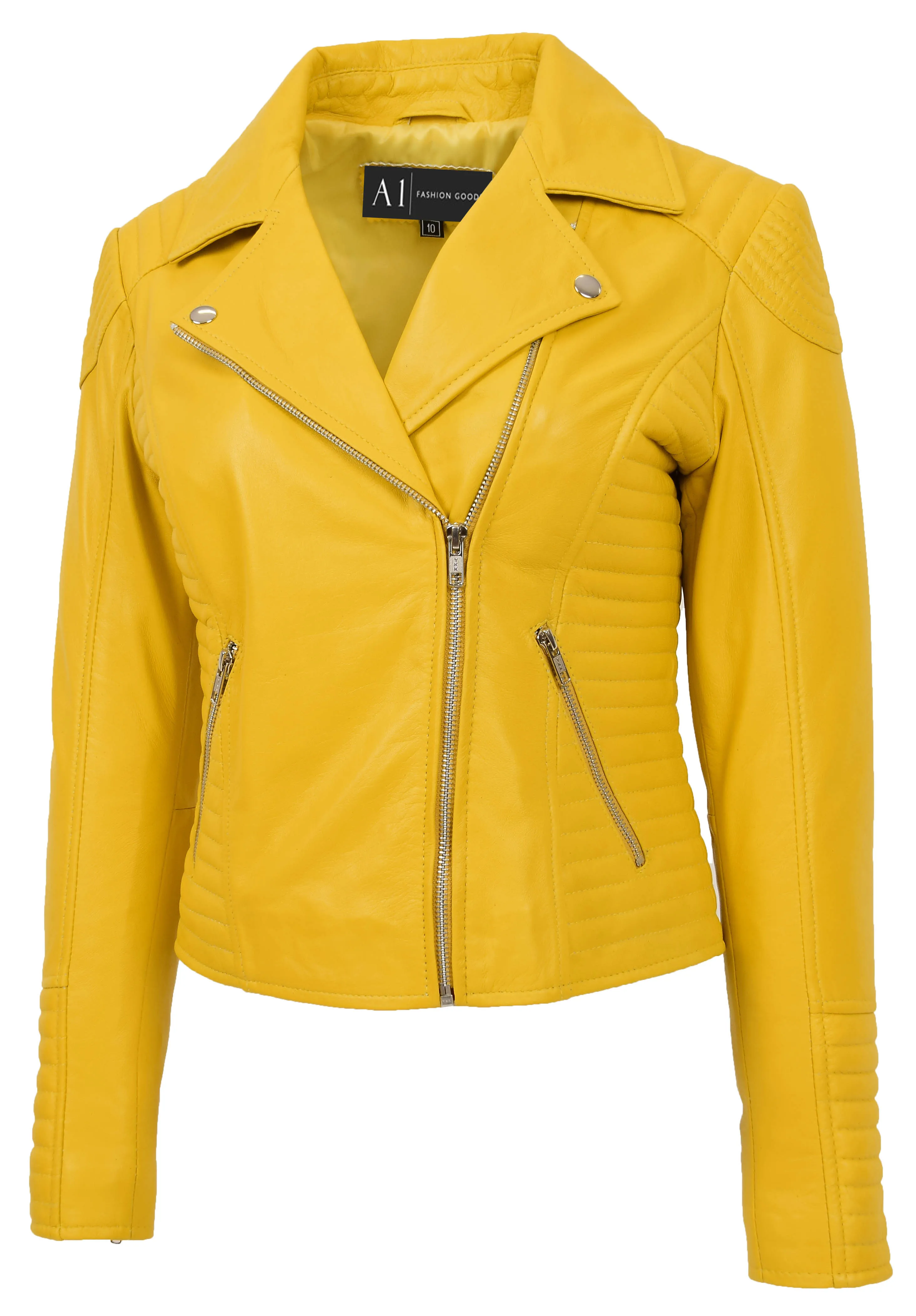 Womens Designer Leather Biker Jacket Fitted Quilted Bonita Yellow