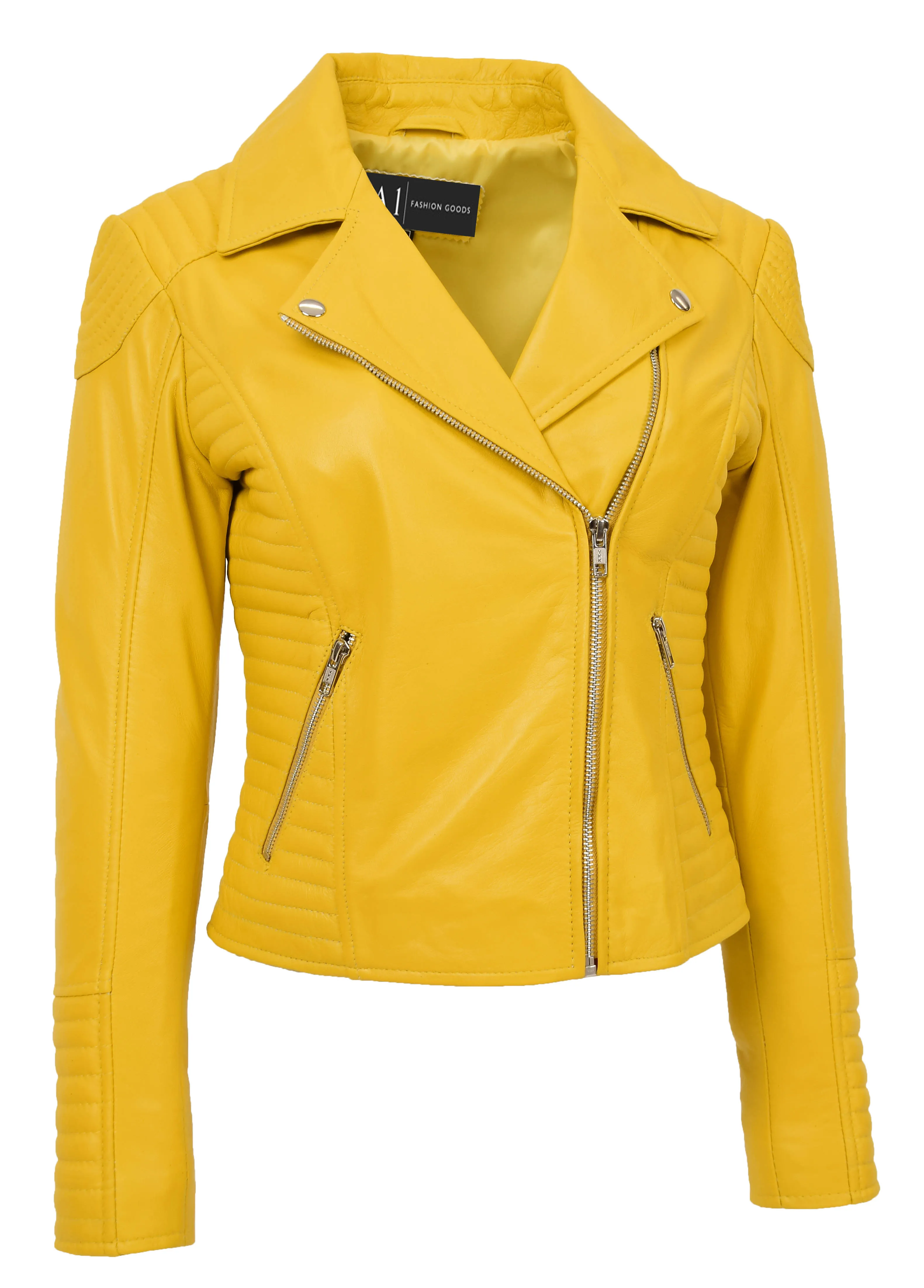 Womens Designer Leather Biker Jacket Fitted Quilted Bonita Yellow