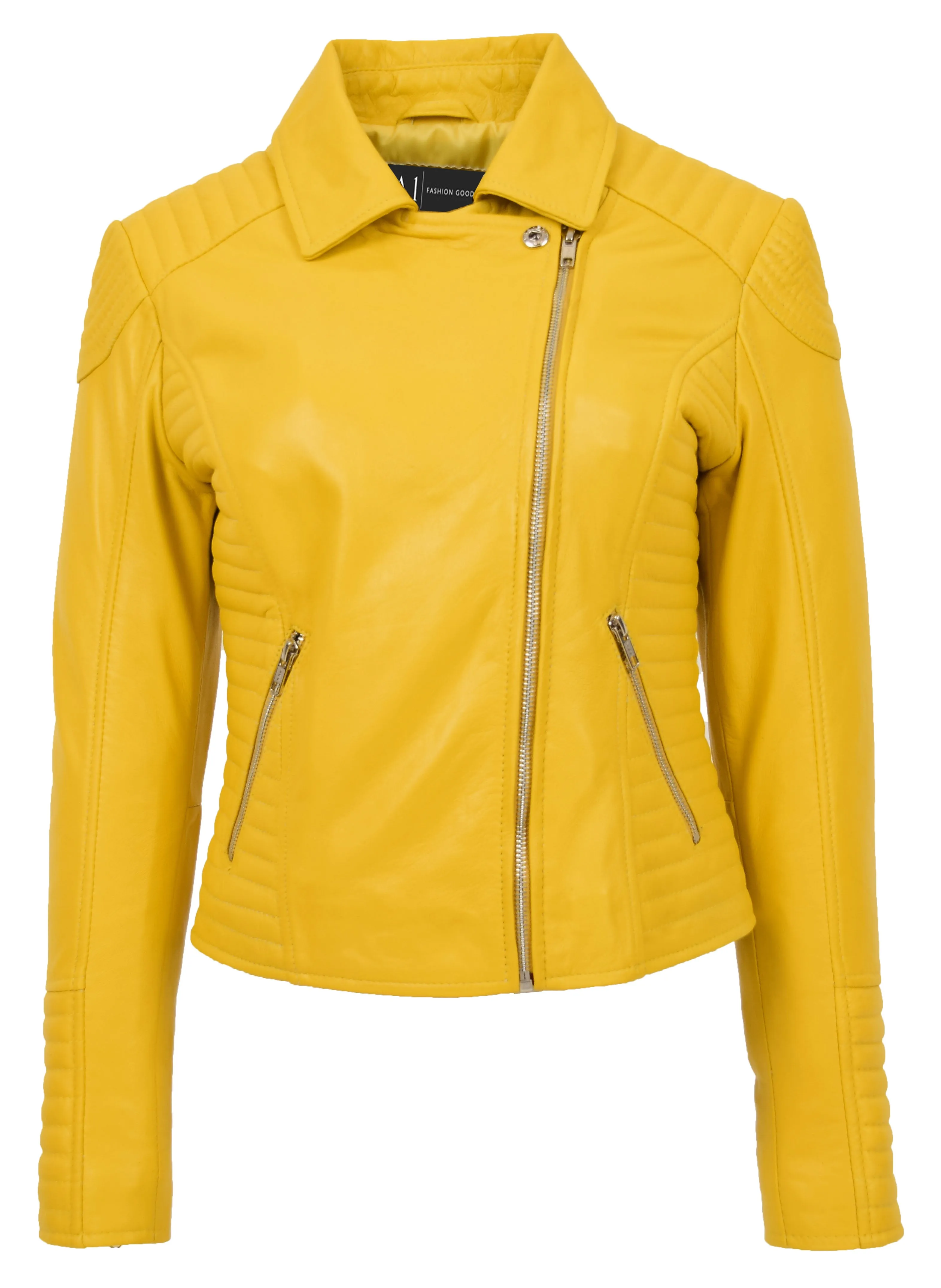 Womens Designer Leather Biker Jacket Fitted Quilted Bonita Yellow