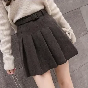 Women's High Waist A- line Skirt with Belt Woolen Pleated Skirt Short Autumn and Winter Woman Skirts Mujer Faldas Saias Mulher