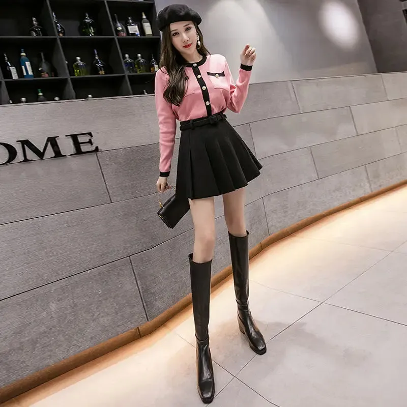 Women's High Waist A- line Skirt with Belt Woolen Pleated Skirt Short Autumn and Winter Woman Skirts Mujer Faldas Saias Mulher