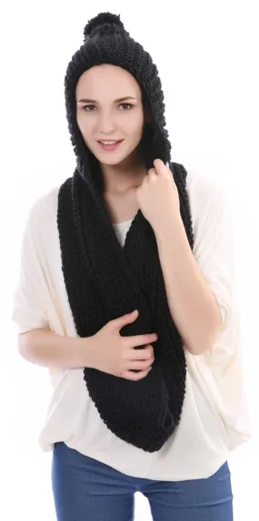 Women's Knitted Cozy Snood Scarf Scarves Cap Pull Up Hood Pom Infinity Loop Warm