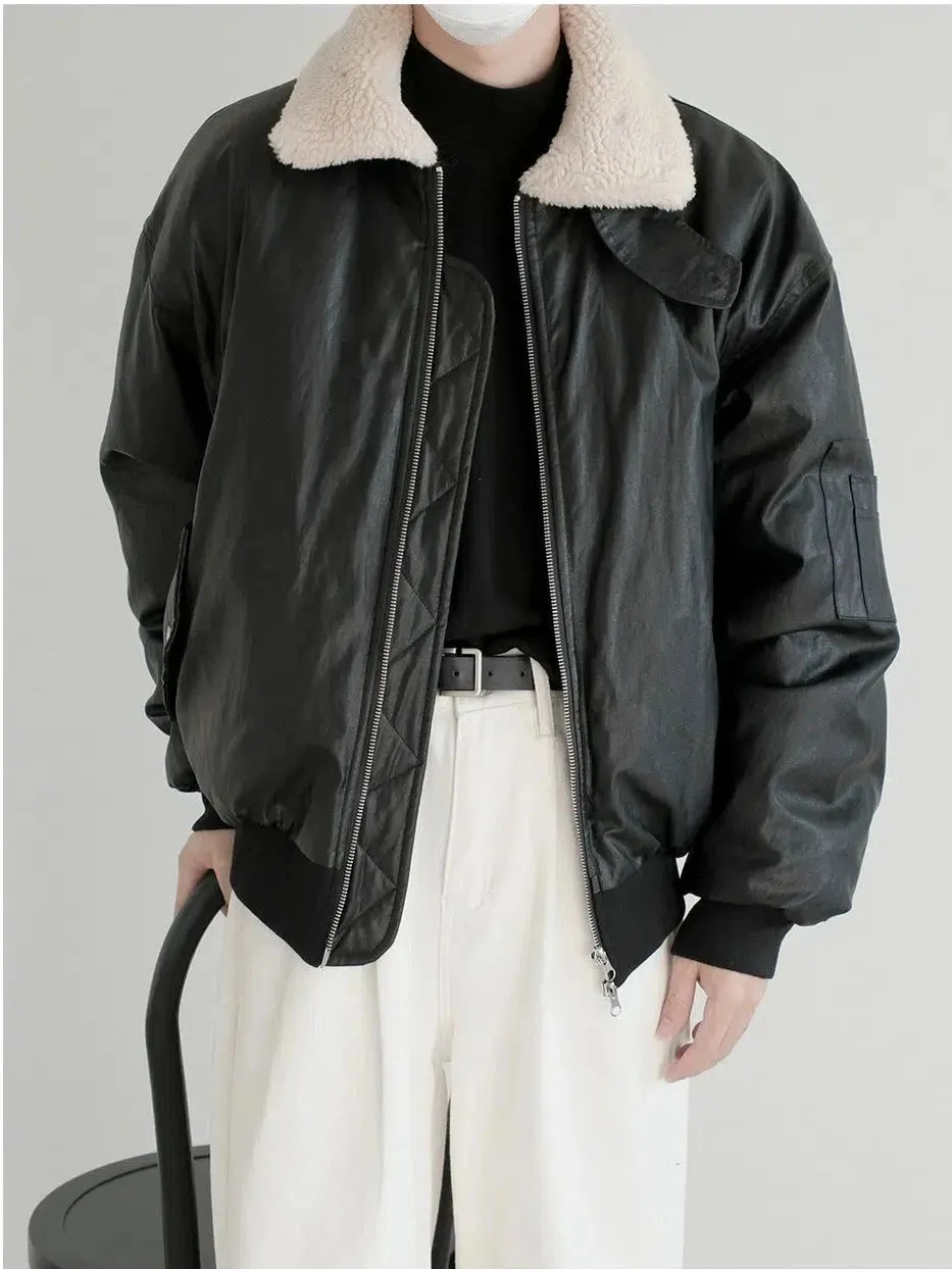 Zipper Closure Shearling Collar Jacket